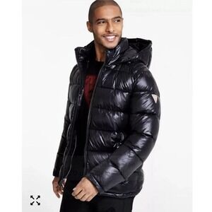 GUESS Men's Adam Puffer Jacket Shiny Black Hooded Puffer Coat Size Large